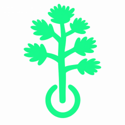 Glowing green pine tree symbol with stylized branches and needles, emerging from a circular power button shape.