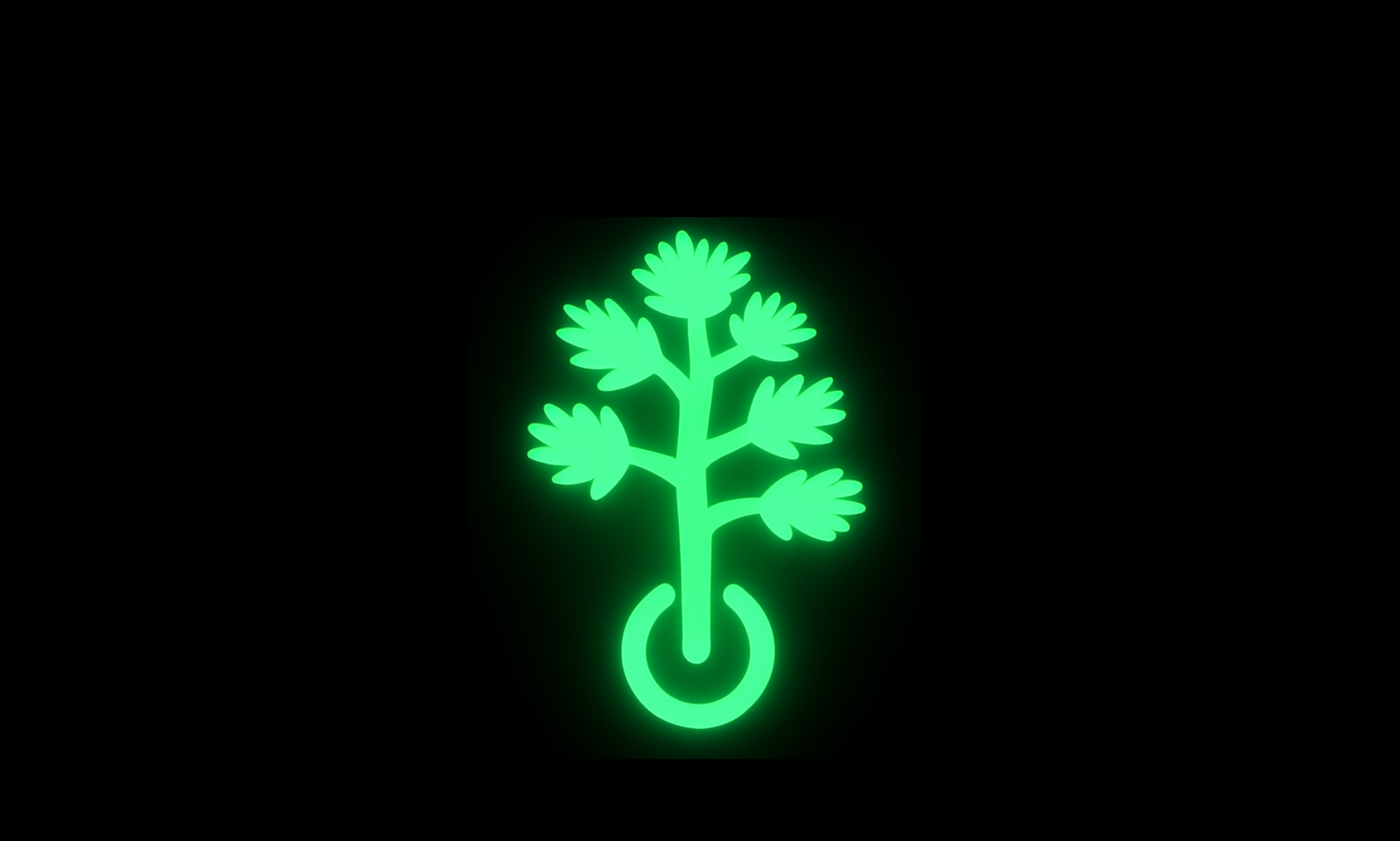 3-Half Power glowing green pine tree symbol with stylized branches and needles, emerging from a circular power button shape, set against a black background.